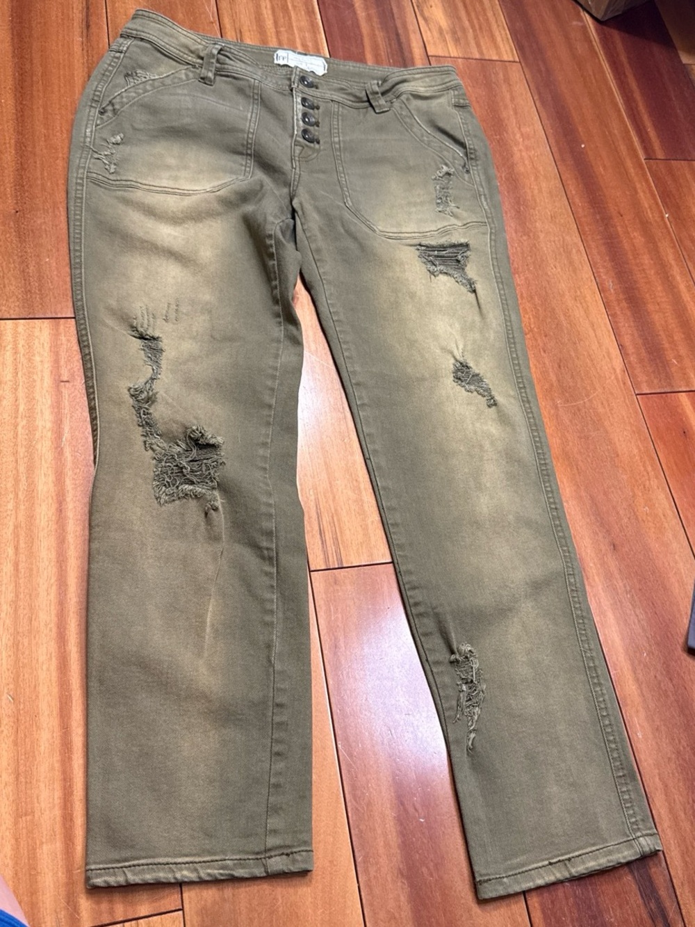 Free People Olive Green Distressed Button-Fly Jeans 2